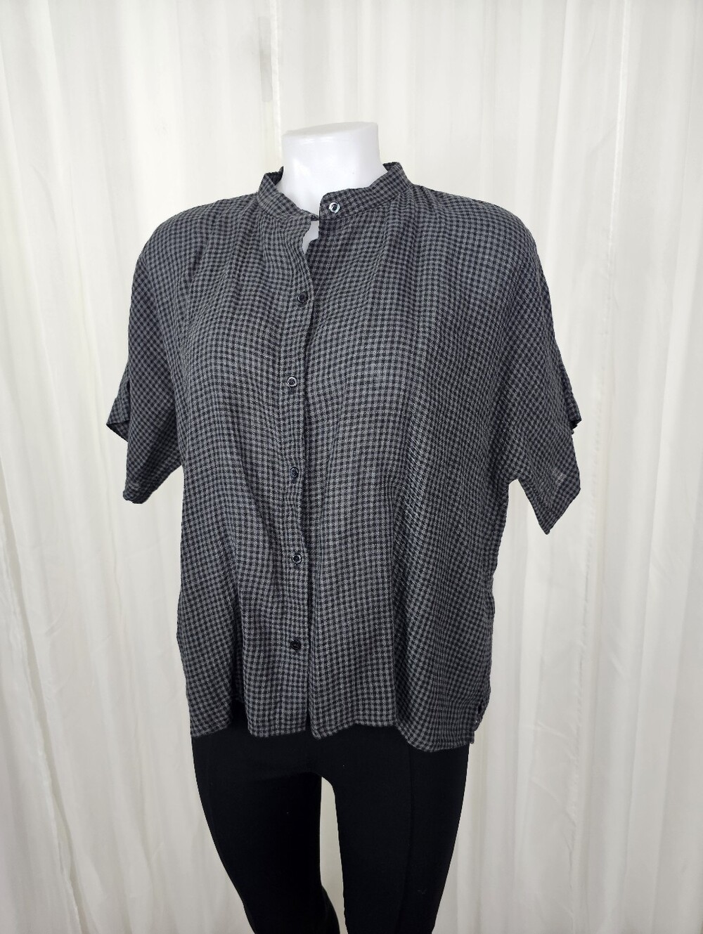 Eileen Fisher Puckered Organic Linen Collar Shirt Gingham Black Gray New Small